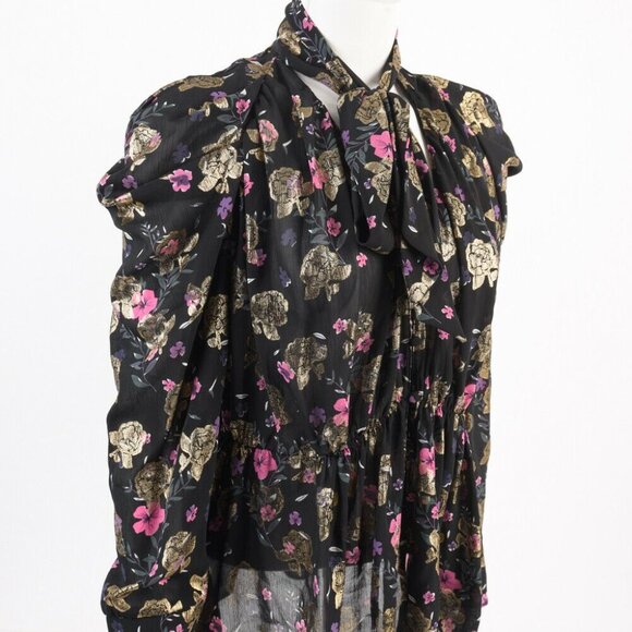 Zara Blouse Shirt XS Tied V-Neck Black Floral - Picture 6 of 7